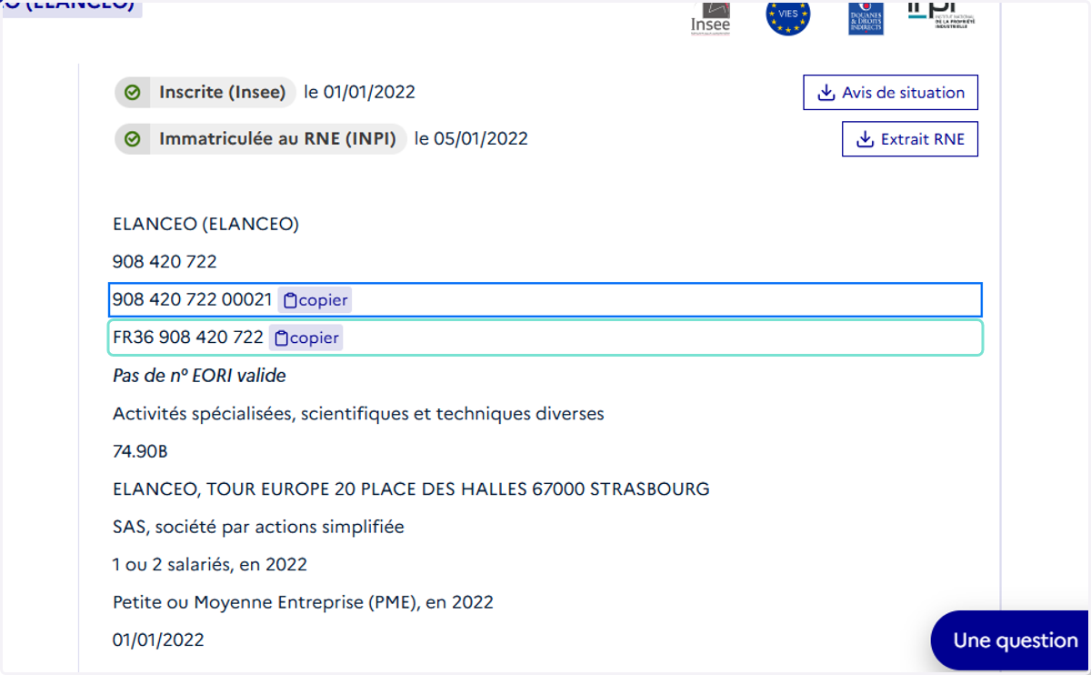 Copier le numéro de TVA puis coller dans la fiche société sur ELANCEO