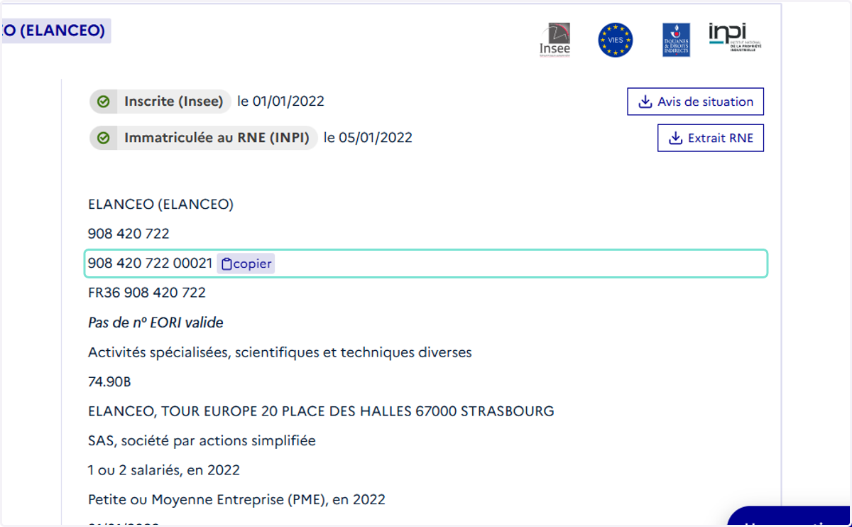 Copier le siret puis coller dans la fiche société sur ELANCEO