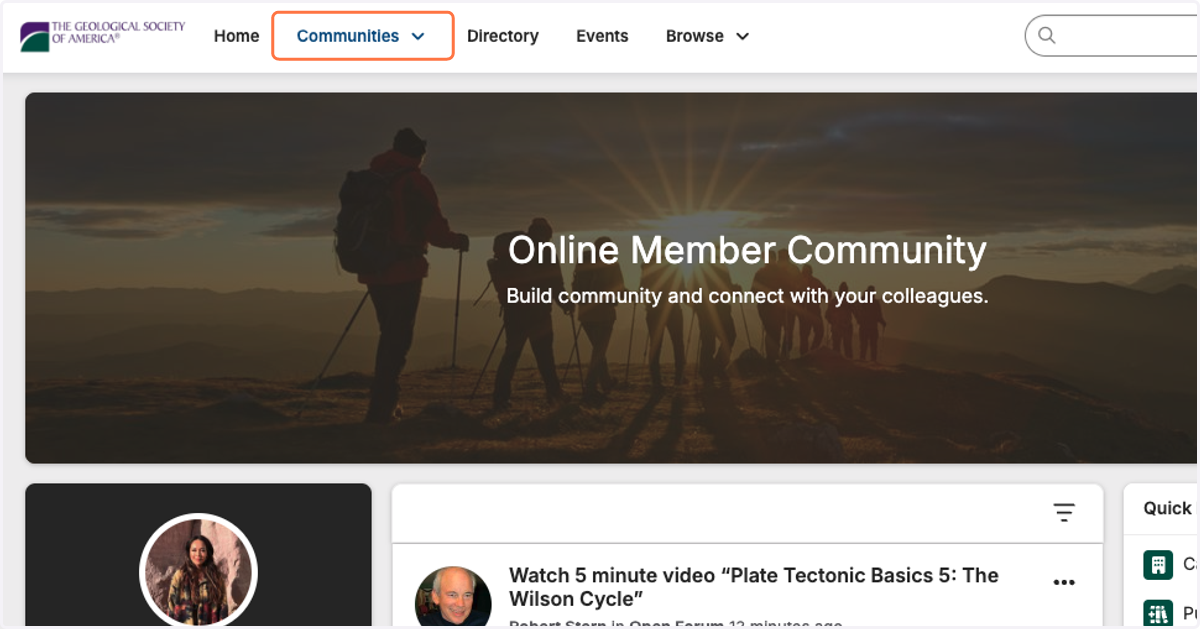 You will then be taken to our Online Member Community home page. Click on 'Communities' at the top of the menu bar.