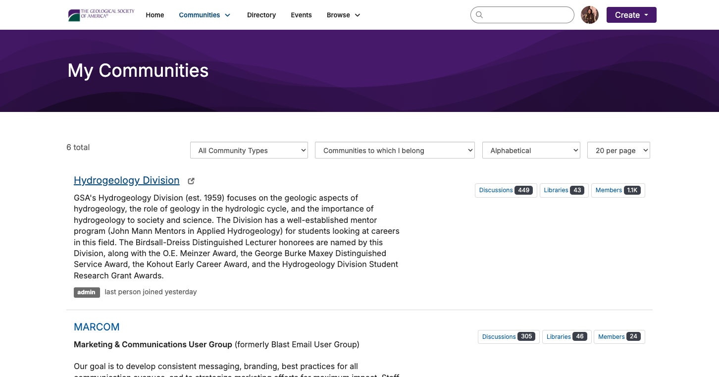 Click on the community you would like to share a post in. For example, 'Hydrogeology Division'.