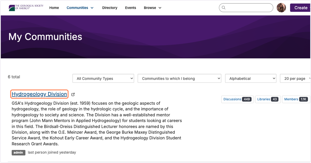 Click on the community you would like to share a post in. For example, 'Hydrogeology Division'.