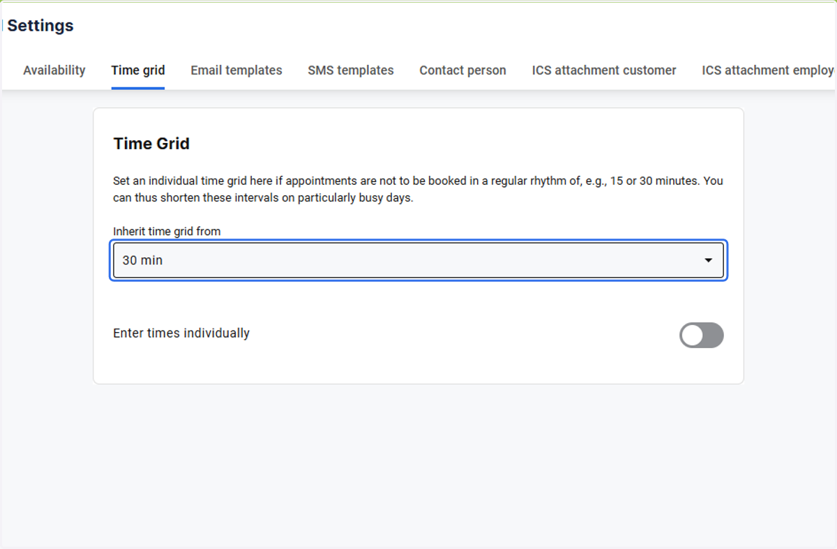 Select a time intervals, in which you would like the appointments to be calculated eg. in ten intervals of 5, 10, 15, 20, 30, 60 minutes
