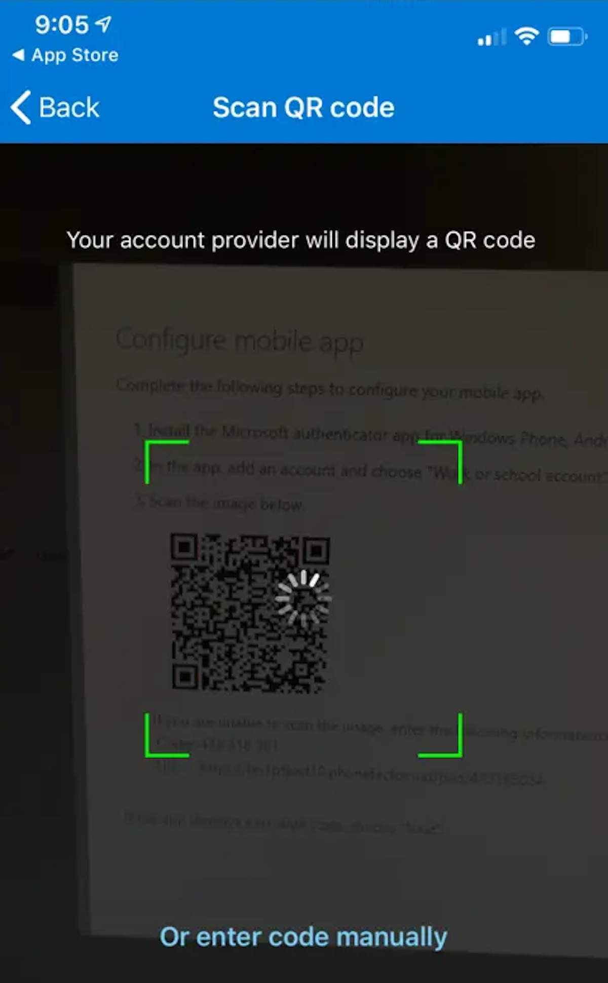 You should now be prompted to scan the QR code that should still be displayed in your browser from step 8.