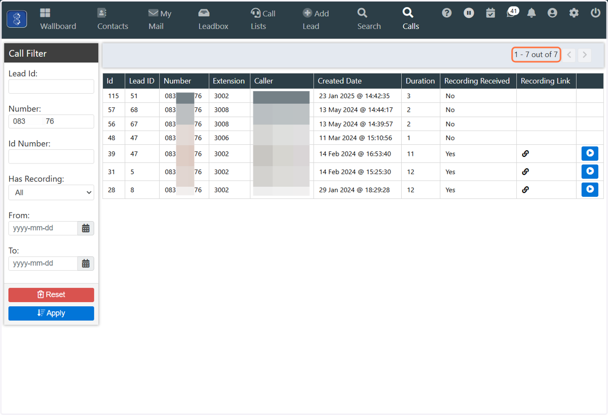 This will show all calls available in Laminin for this phone number