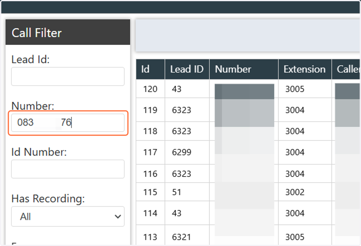In the "Number" field enter the phone number you would like to search