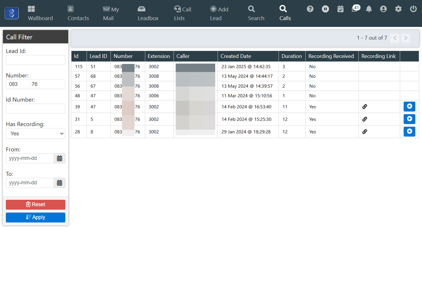 To search for calls that contains a call recording, select "Yes" in the "Has Recording" dropdown