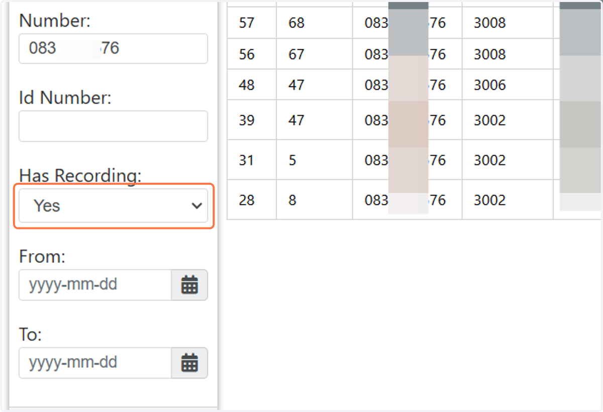 To search for calls that contains a call recording, select "Yes" in the "Has Recording" dropdown