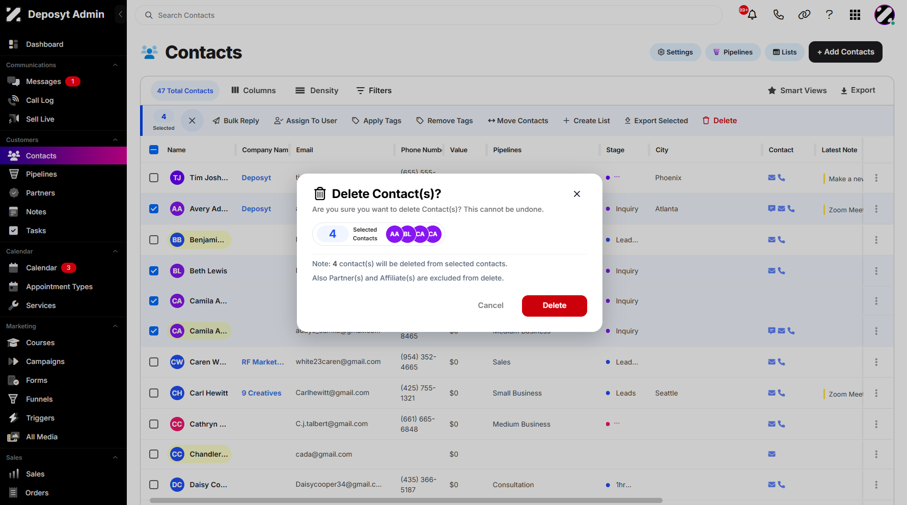 Step 6: A pop-up window will appear to confirm if you want to delete your contacts. This action is irreversible, and you can view the total number of selected contacts before proceeding.