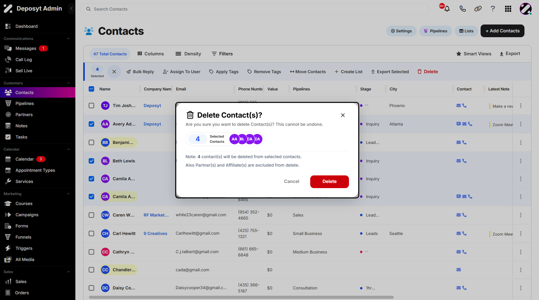 Step 6: A pop-up window will appear to confirm if you want to delete your contacts. This action is irreversible, and you can view the total number of selected contacts before proceeding.