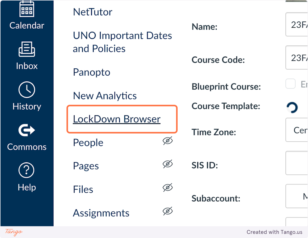 Click on LockDown Browser in the left Course Navigation menu