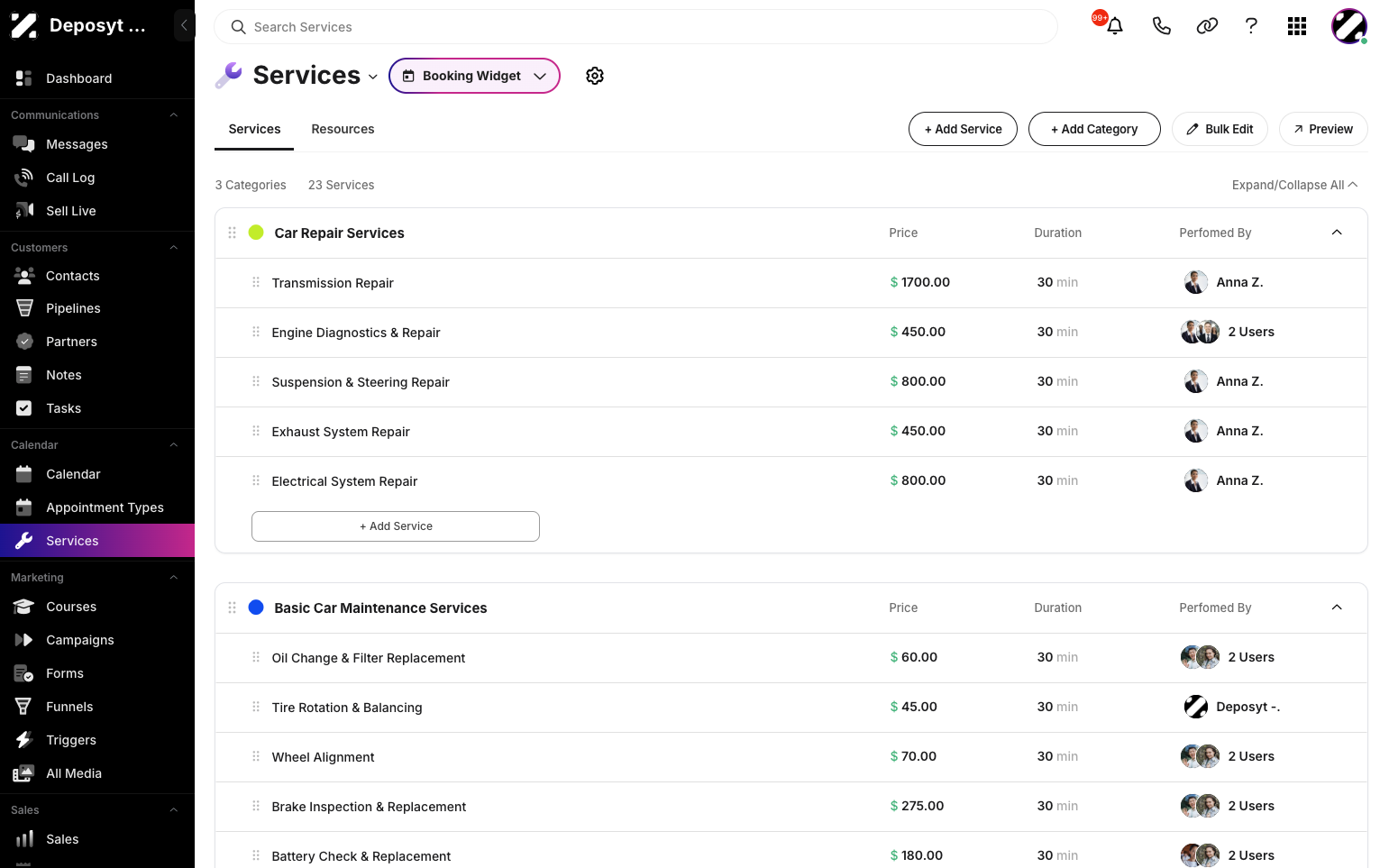 Step 2: You will then be directed to the Services section. Click the Booking Widget dropdown button.