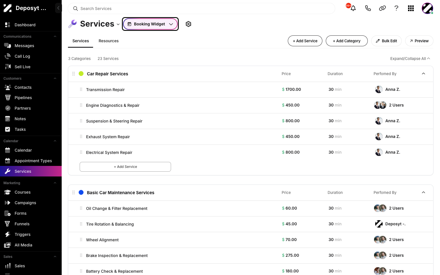 Step 2: You will then be directed to the Services section. Click the Booking Widget dropdown button.