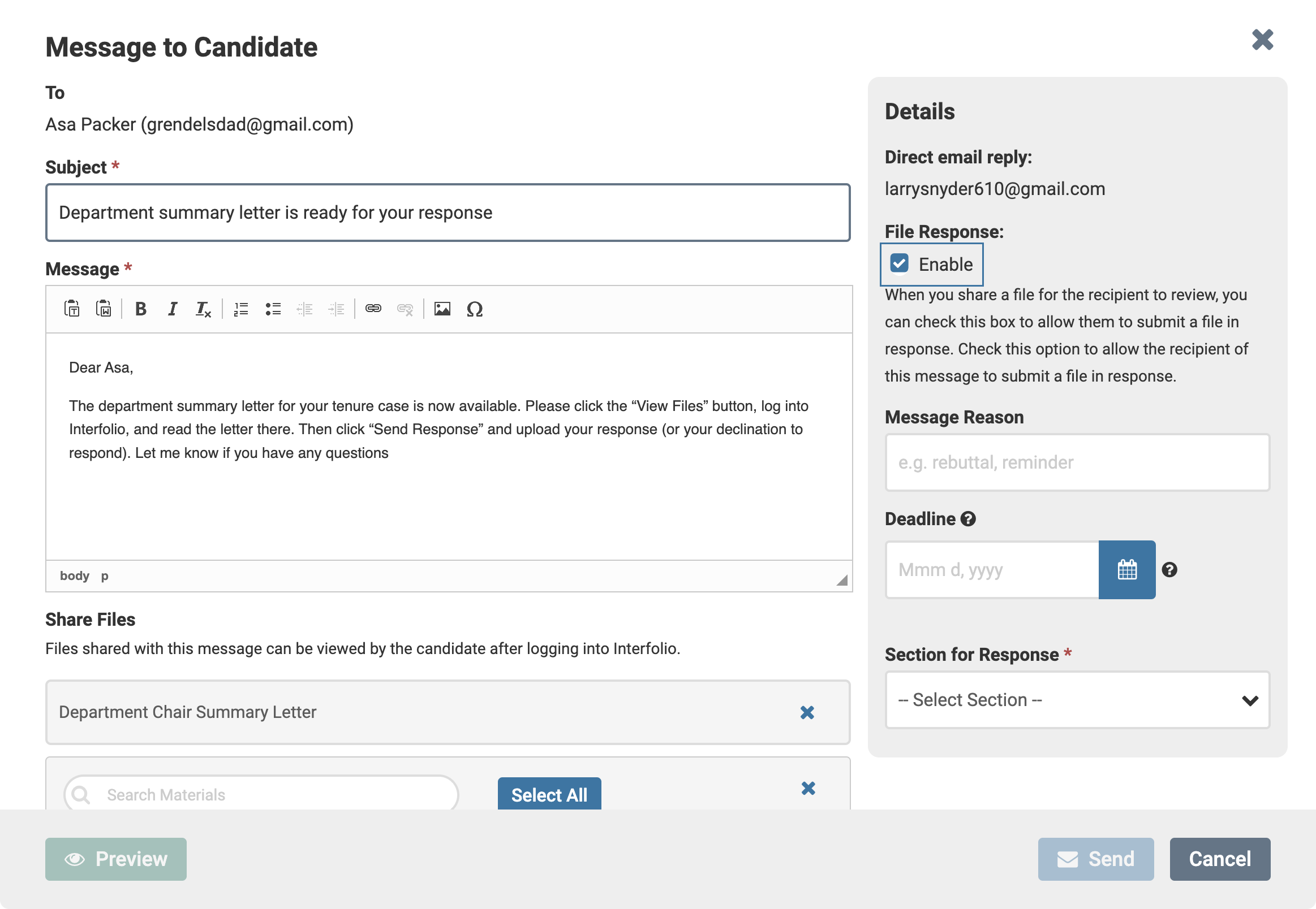 Under Message Reason, enter "Department summary letter response"