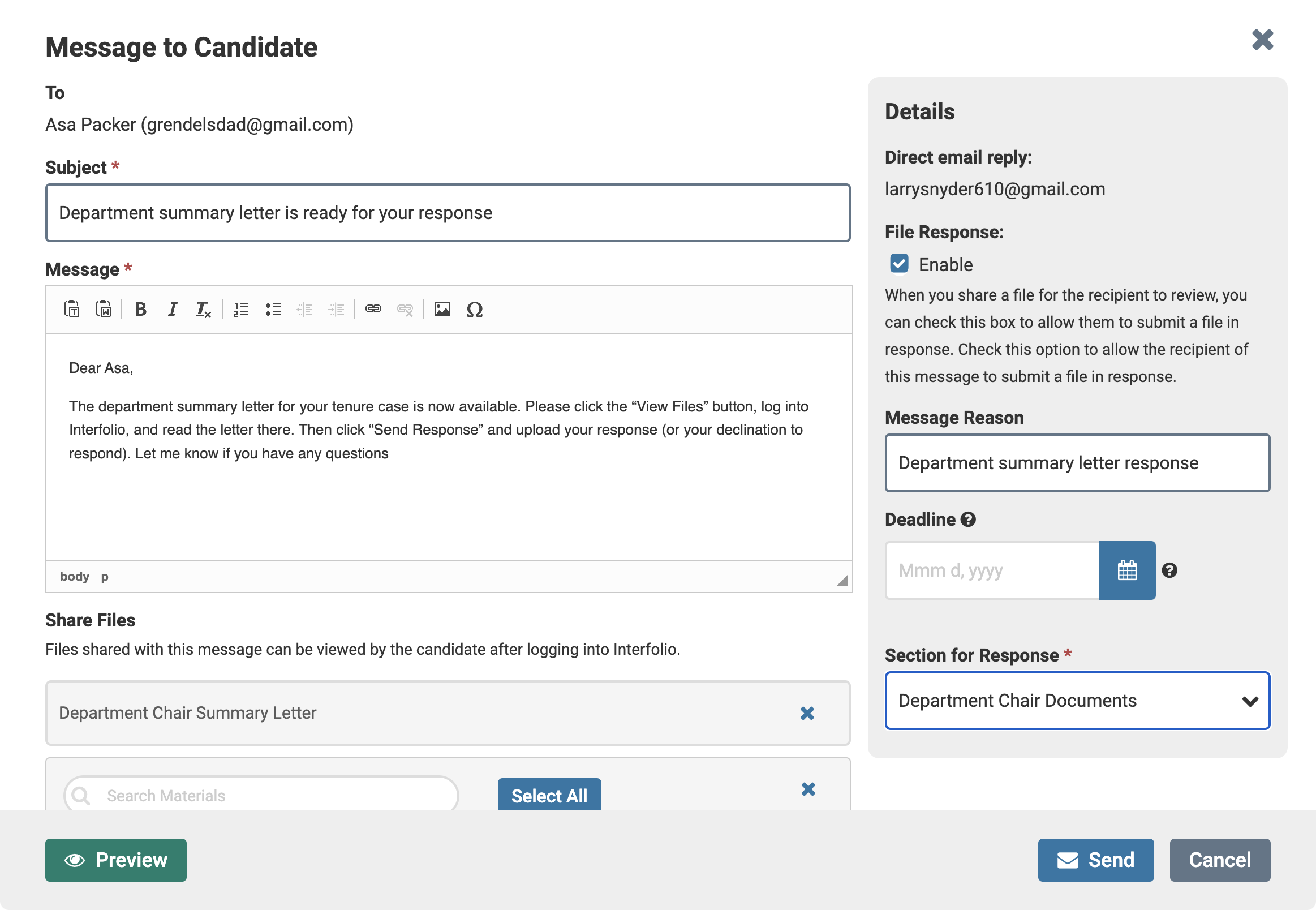 Under Section for Response, select Department Chair Documents