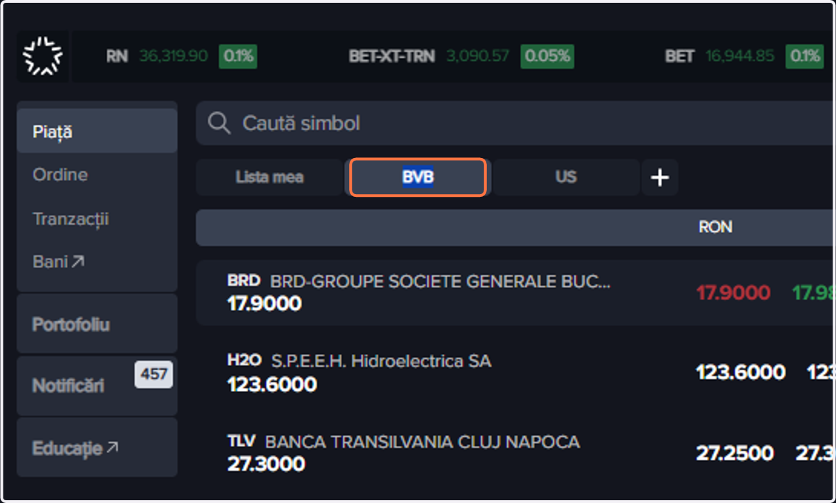Iar pe tab-ul "BVB", lista pentru BVB.