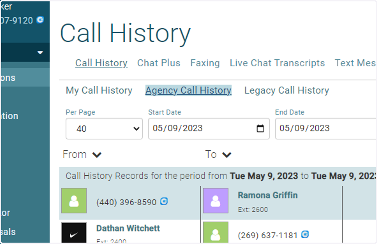 Click on Agency Call History
