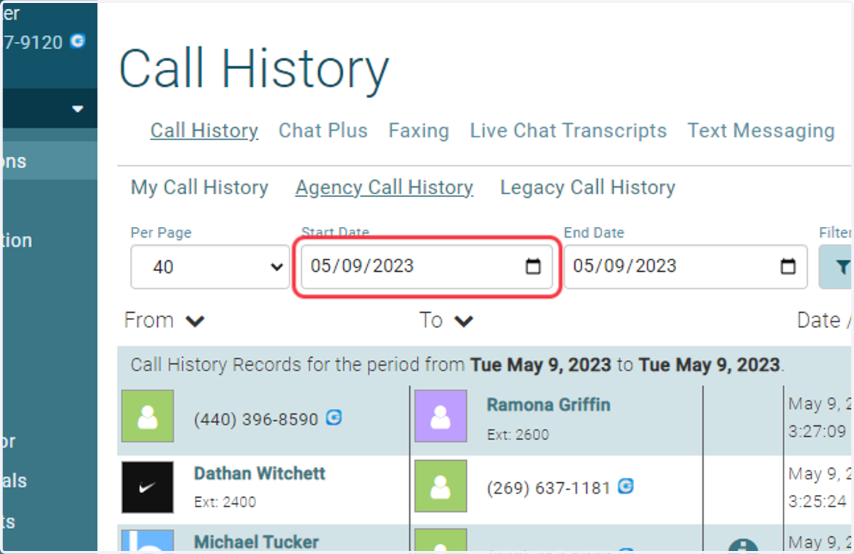 Select a Start Date for the call in question