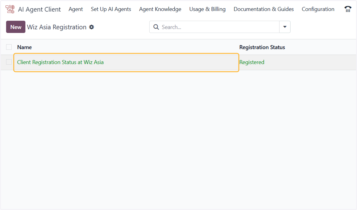 Open Client Registration Status at Wiz Asia. Your database connects to Wiz Asia automatically when the module is installed. Registered means it is ready to use.