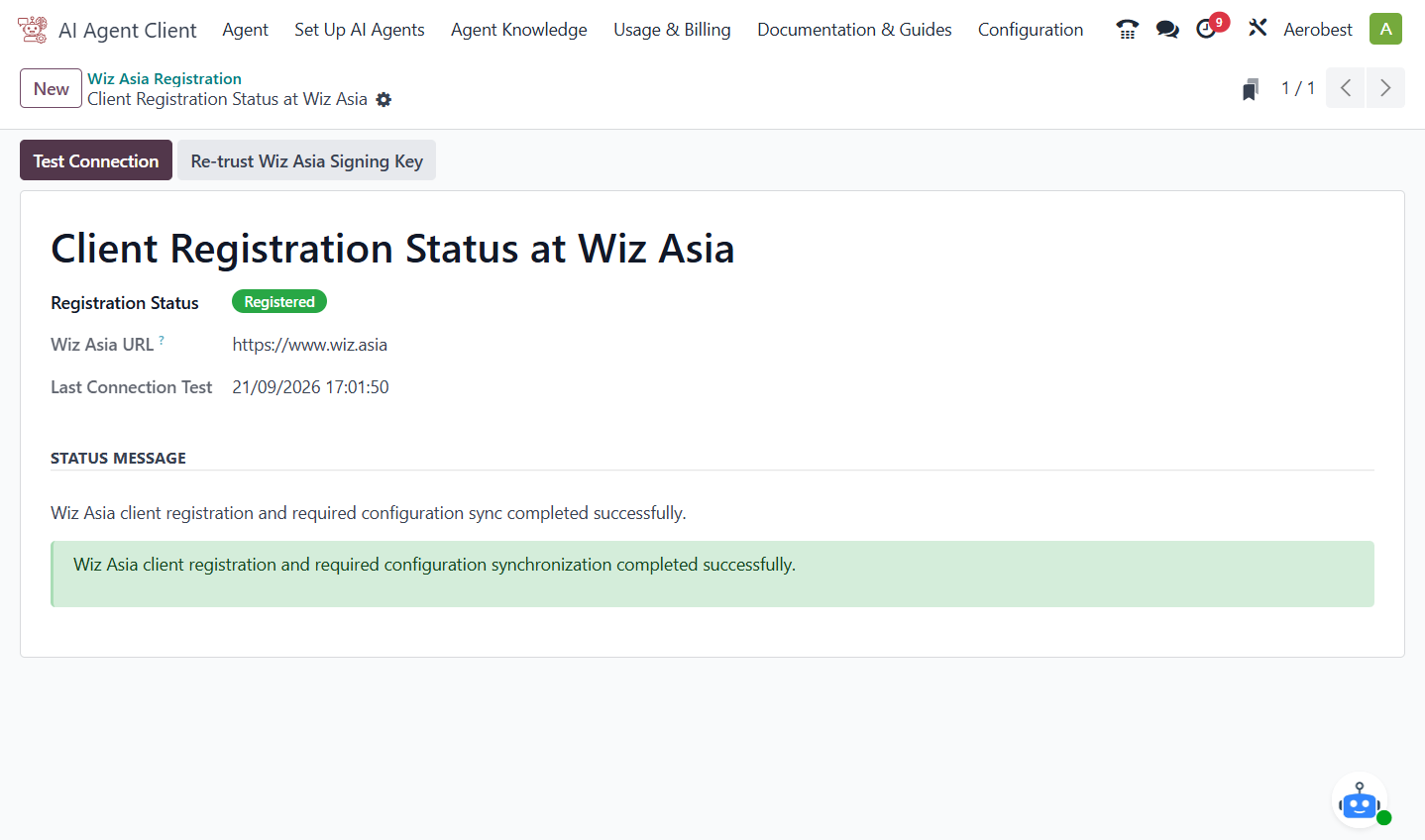 Click Test Connection to check the link to Wiz Asia at any time.