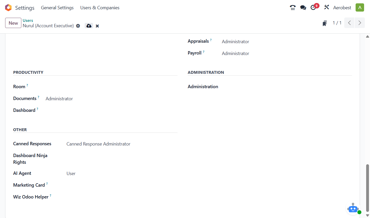 On the Access Rights tab, under AI Agent, choose User so this person can chat with your agents, or Administrator so they can also create and set up agents. Then click the save icon. The user now sees the AI Agent section in Discuss.