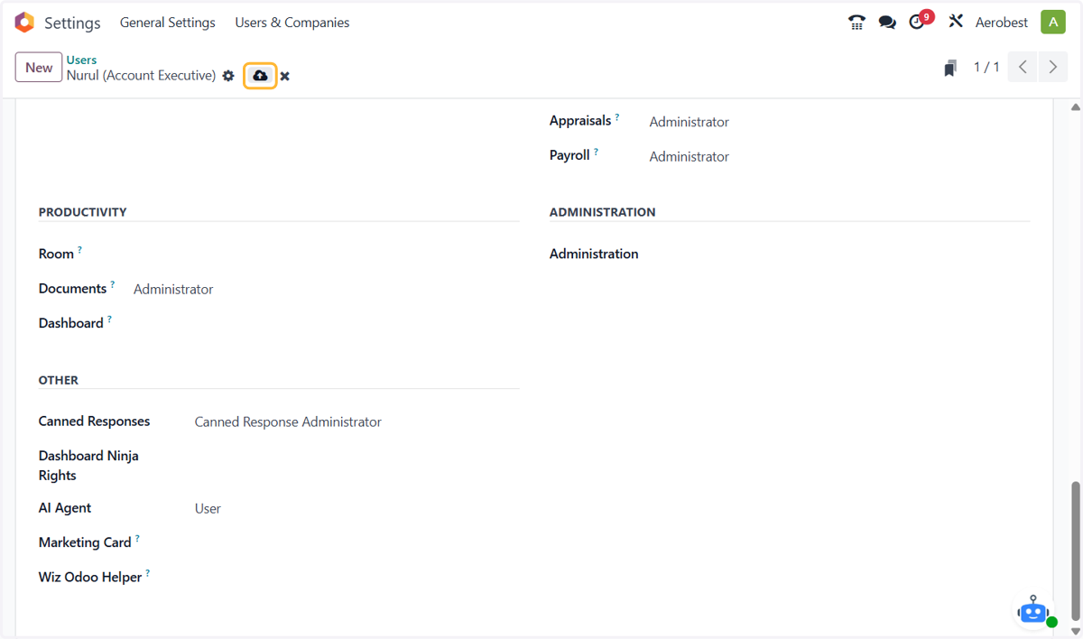 On the Access Rights tab, under AI Agent, choose User so this person can chat with your agents, or Administrator so they can also create and set up agents. Then click the save icon. The user now sees the AI Agent section in Discuss.