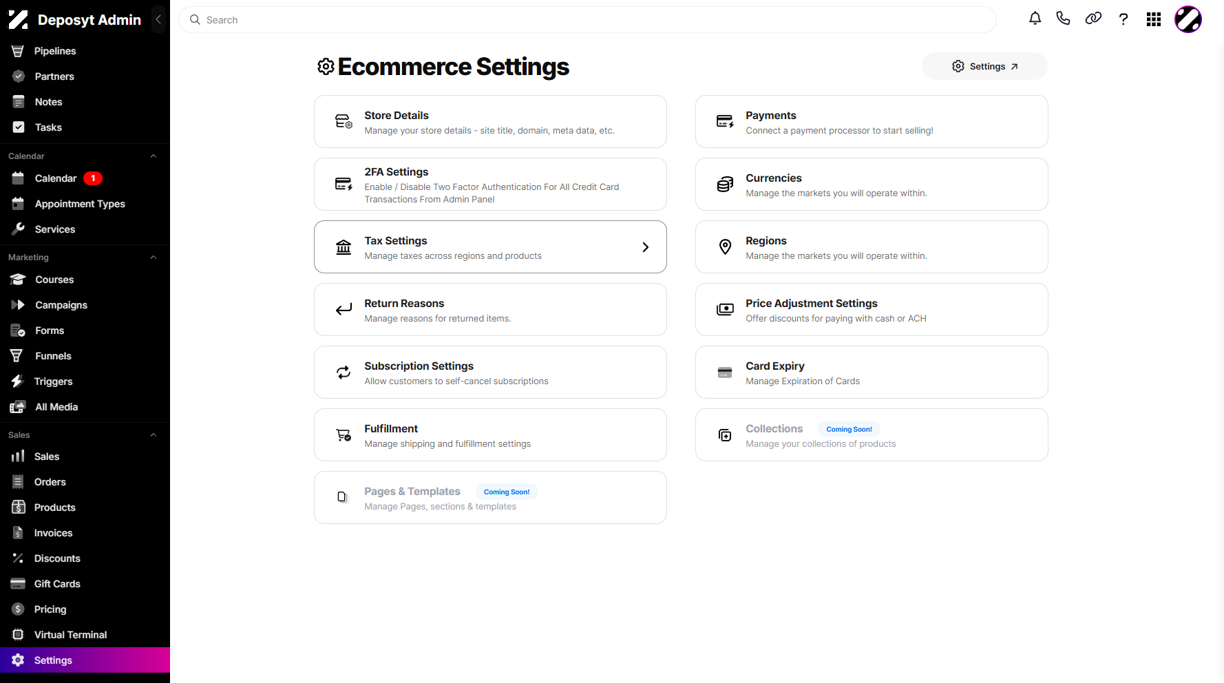Step 3: Click on Tax Settings to navigate.