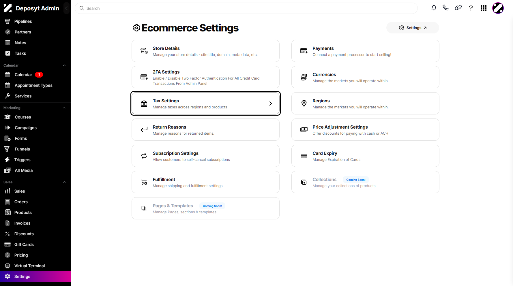 Step 3: Click on Tax Settings to navigate.