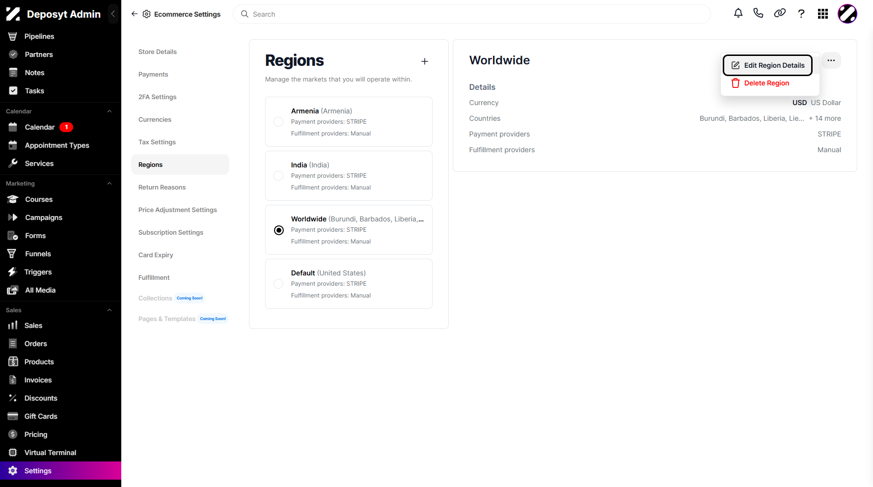 Step 8: Click Edit Region Details from the overview three-dot menu.