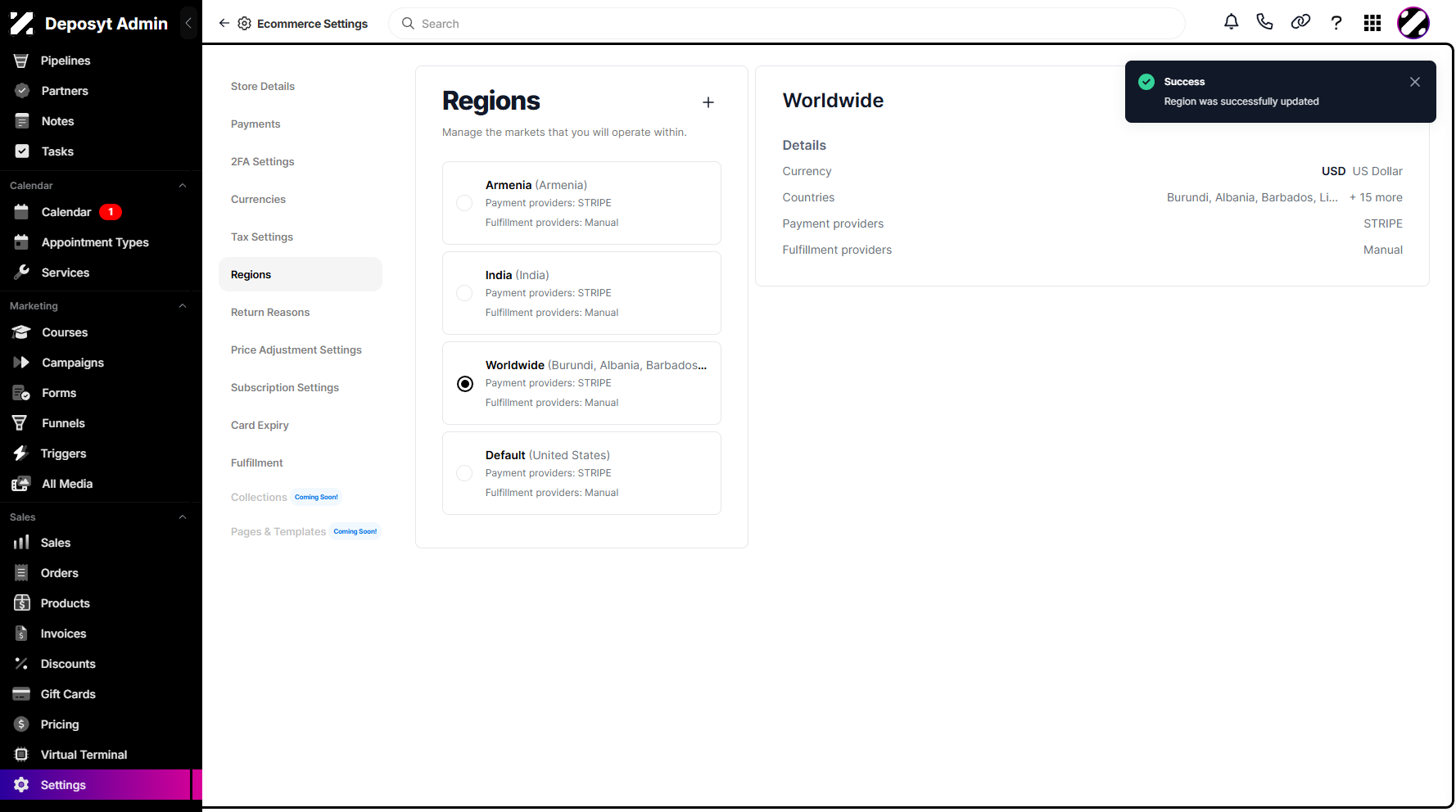 Step 12: A pop-up notification will appear, confirming that the region was successfully updated.