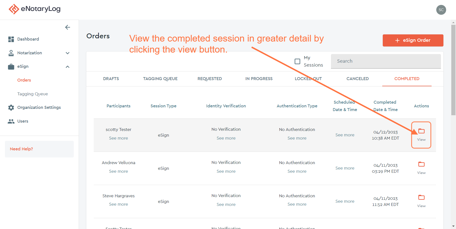 Click on the View option for the session you wish to pull documents for...
