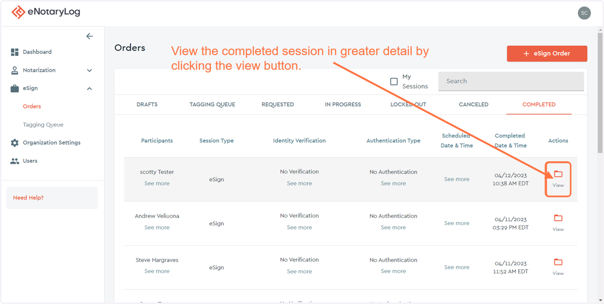 Click on the View option for the session you wish to pull documents for...