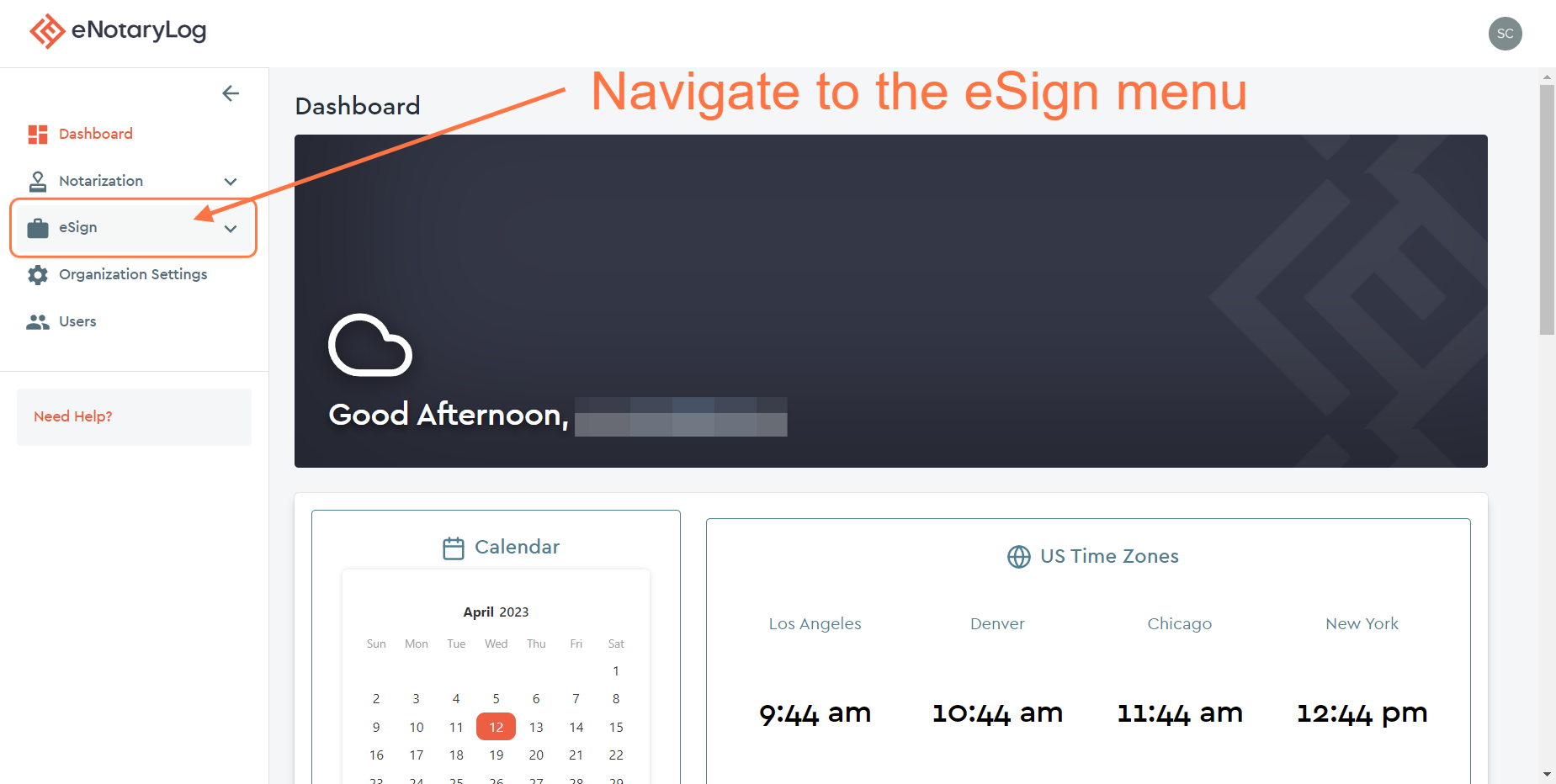 Click on eSign drop down menu...