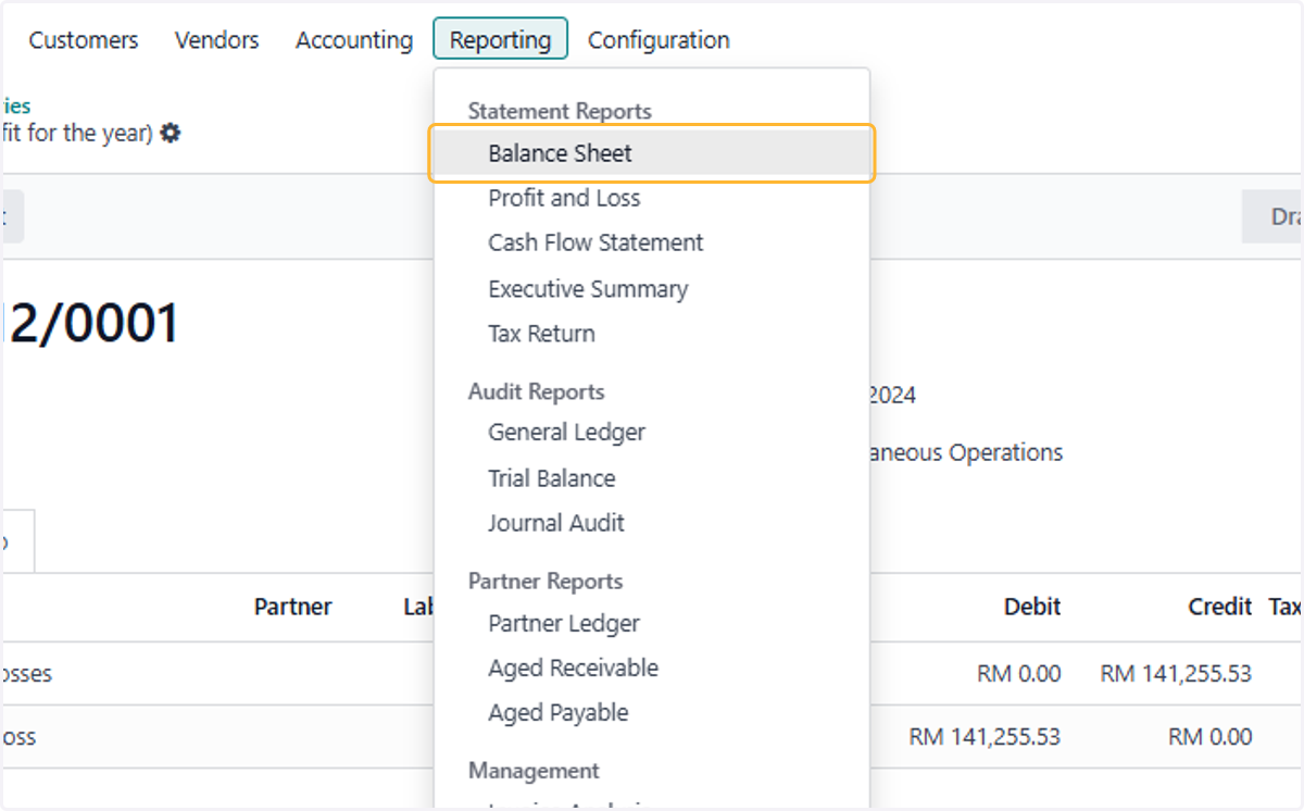 Click on Balance Sheet