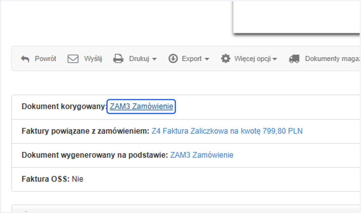 Pod dokumentem Modyfikacja zamówienia znajdziesz link z przekierowaniem do zamówienia, z którego wystawisz kolejne zaliczki.