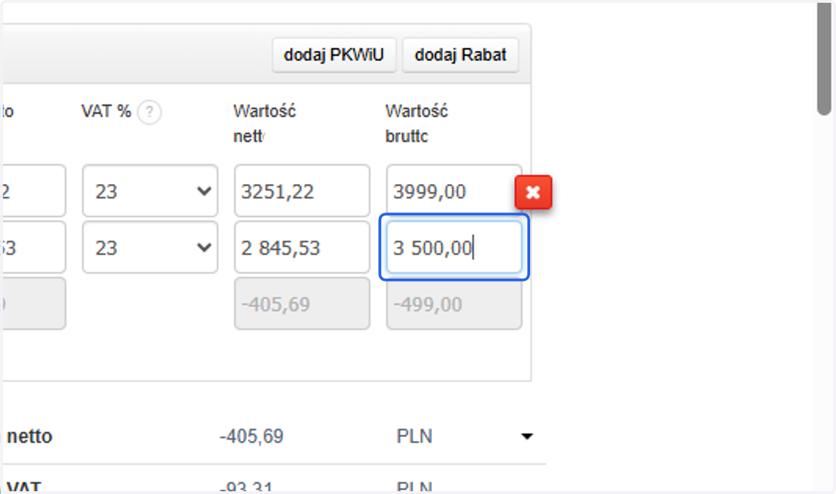 W wierszu po korekcie zmienimy wartość z 3999 PLN na 3500 PLN.