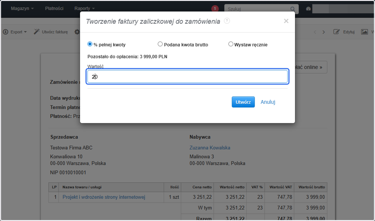 W naszym przypadku wystawimy zaliczkę, jako 20% pełnej kwoty.