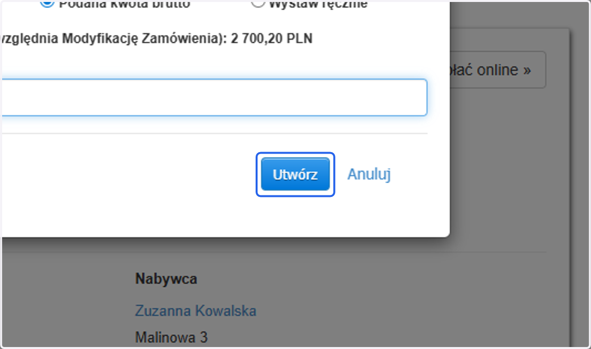 A następnie skorzystaj z przycisku 'Utwórz' by przejść do formularza tworzenia zaliczki.
