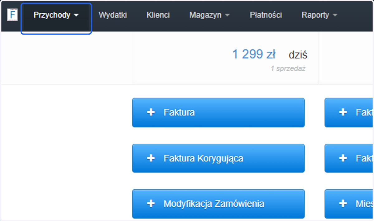 Aby wystawić fakturę zaliczkową do zamówienia, wystaw zamówienie lub sprawdź zamówienie już wystawione. W tym celu przejdź do zakładki 'Przychody'.