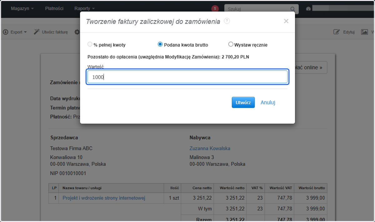Podaj wartość zaliczki.