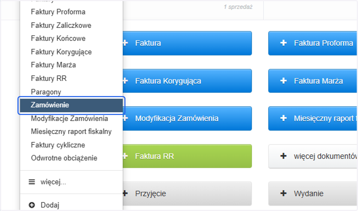 Z listy wybierz opcję 'Zamówienie'.