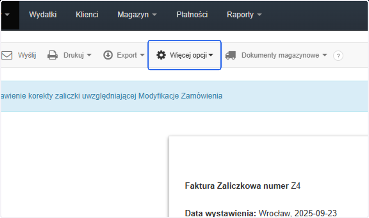 Aby wystawić korektę z menu podręcznego wybierz 'Więcej opcji'.