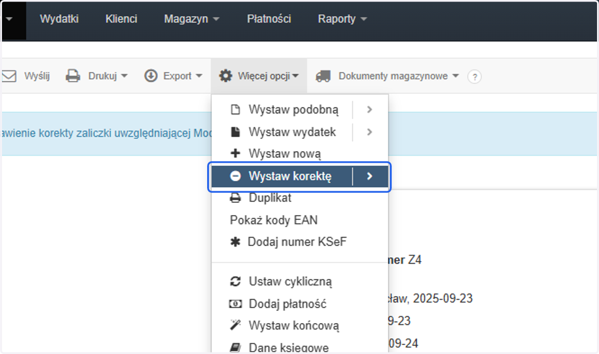 Następnie wybierz 'Wystaw korektę'.