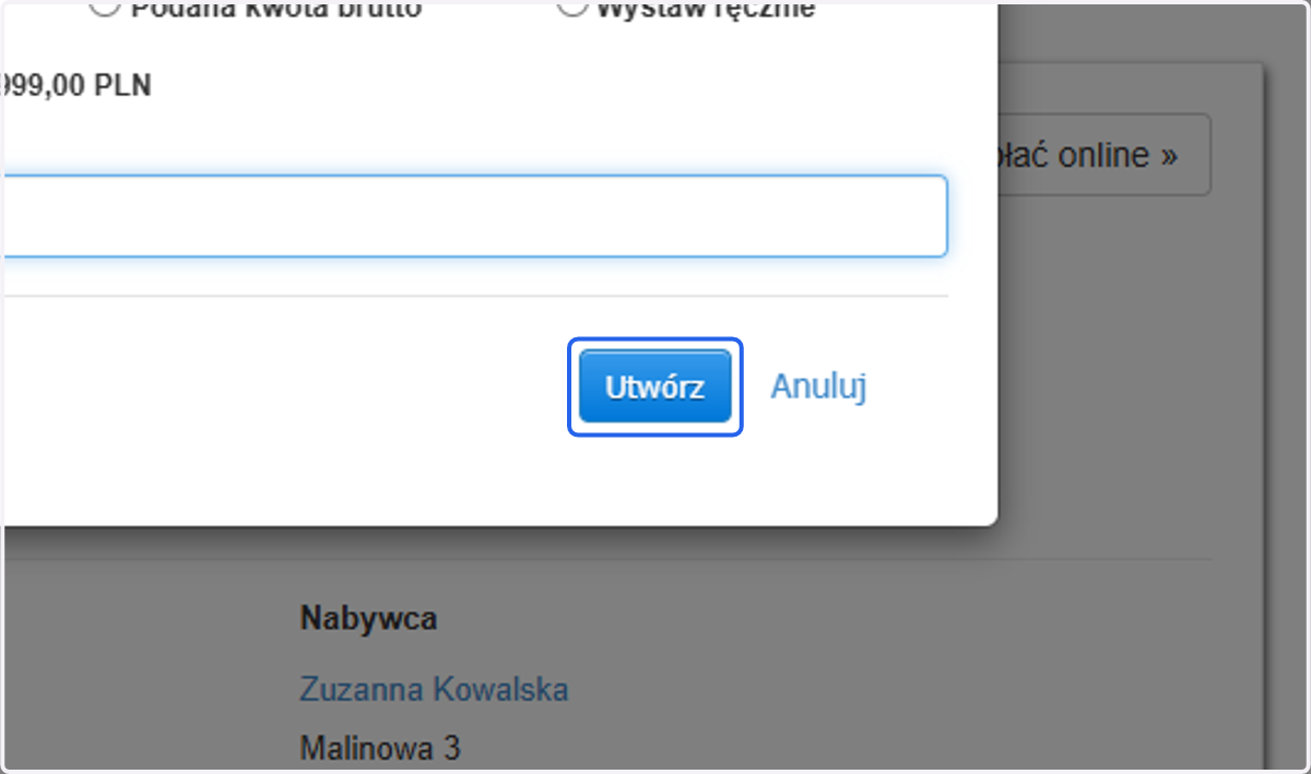 Po wpisaniu wartości zaliczki, kliknij przycisk 'Utwórz', by wygenerować formularz tworzenia faktury zaliczkowej.