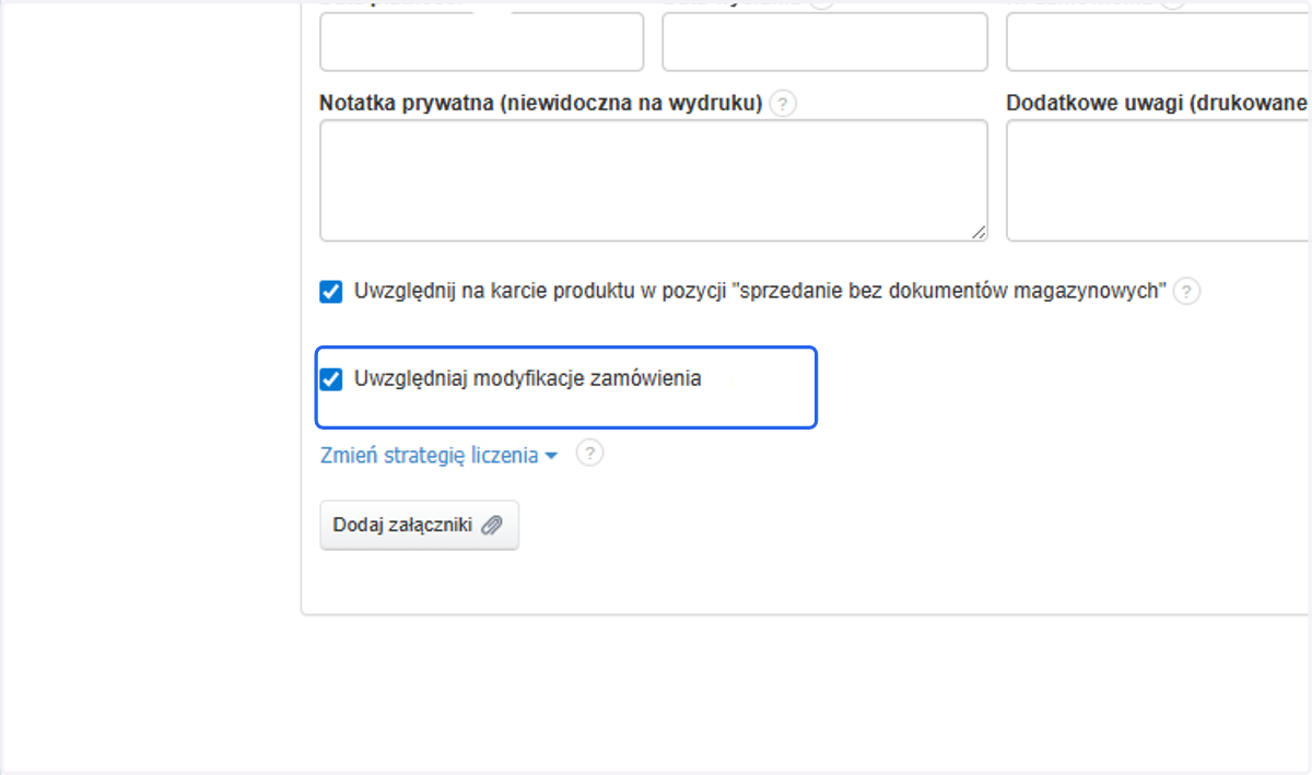 Jeśli w formularzu faktury zaliczkowej pozostawisz aktywny checkbox ' Uwzględniaj modyfikacje zamówienia' w sekcji dotyczącej zamówienia na fakturze zaliczkowej pojawi się informacja o zamówieniu wraz z modyfikacją i sekcją o stanie sprzed i po zmian