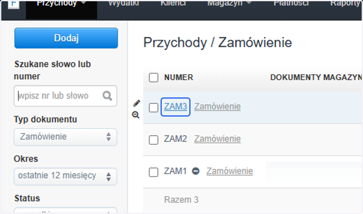 Kliknij numer zamówienia, by przejść do jego podglądu.