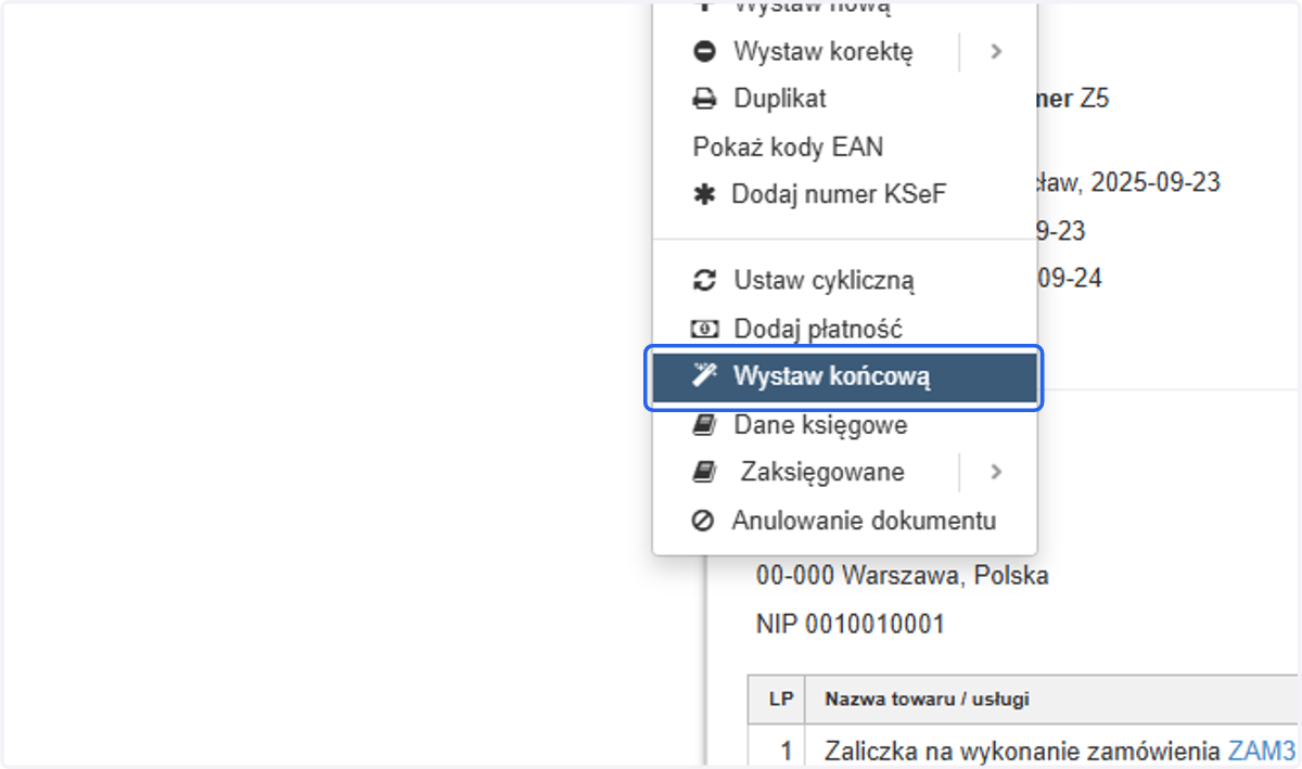 Z listy wybierz opcję 'Wystaw końcową'.
