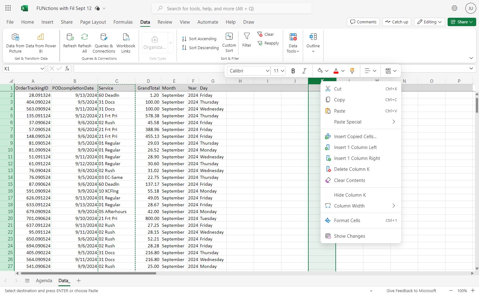 Right click on highlight and paste the data in a new column
