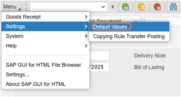 Click on Settings/Default Values