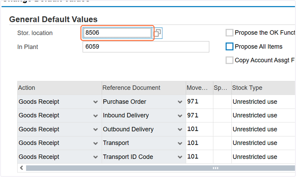 Input 4 digit Storage Location in Stor. Location field.