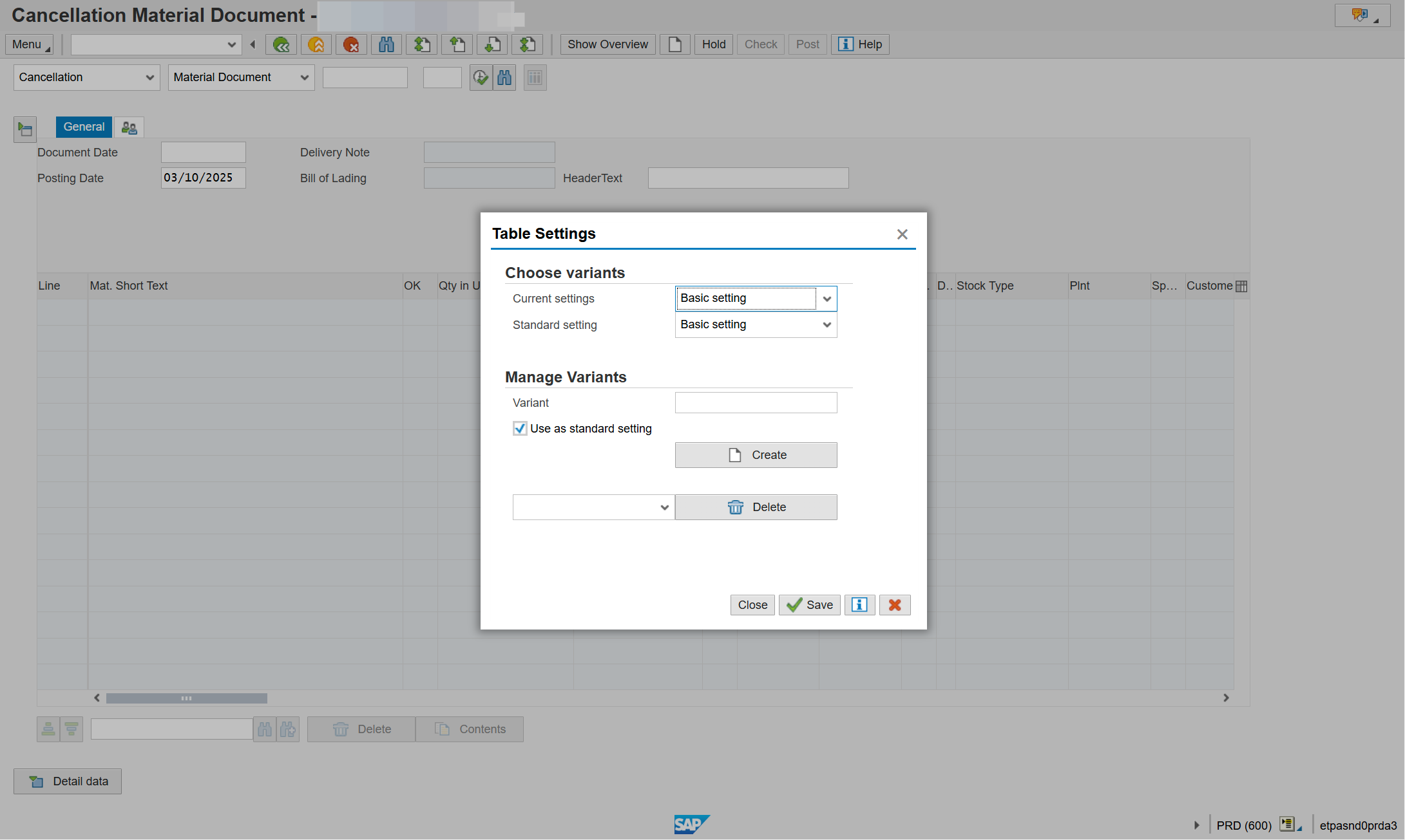 Click on Configuration Table to save layout.